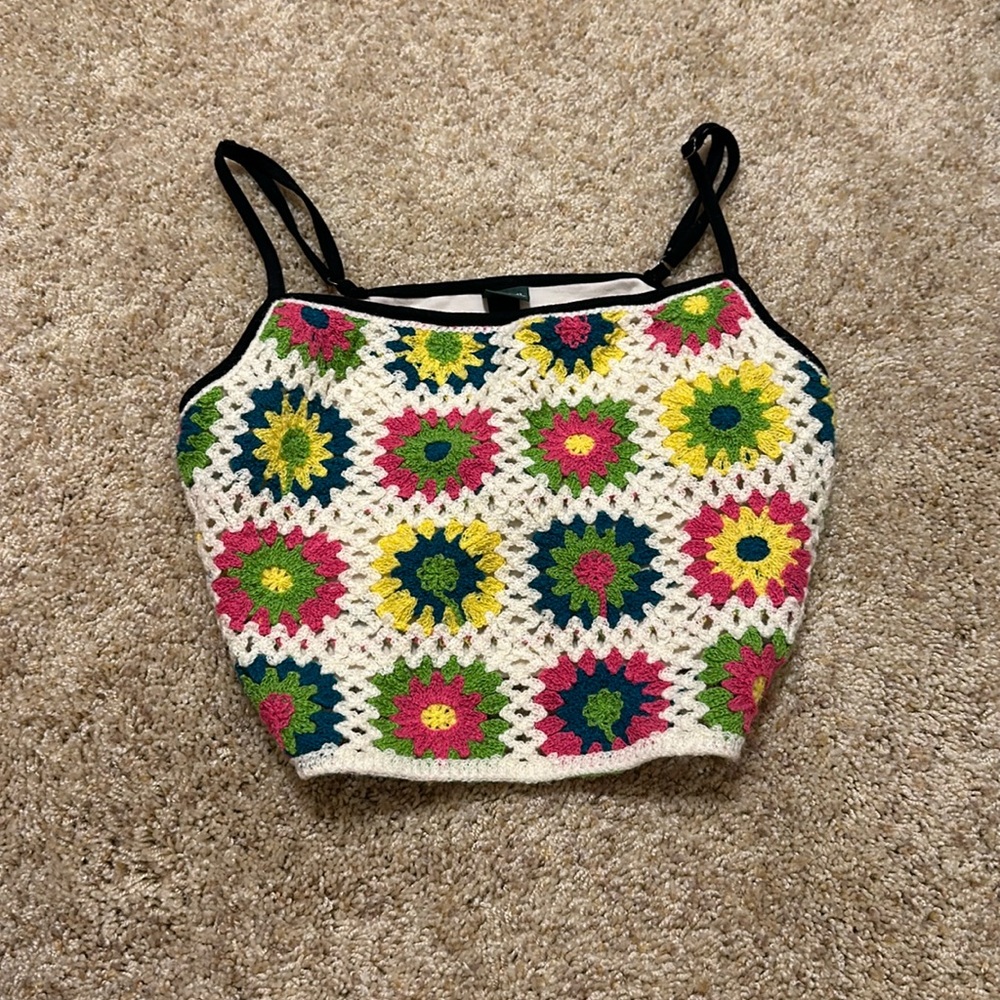 Wild Fable Crochet Y2K Grandma Floral Patchwork Cropped Tanktop Size Small